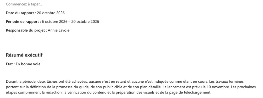 Début d'un rapport d'état généré par l'IA dans Planner : date, période, responsable du projet et résumé exécutif avec l'état En bonne voie
