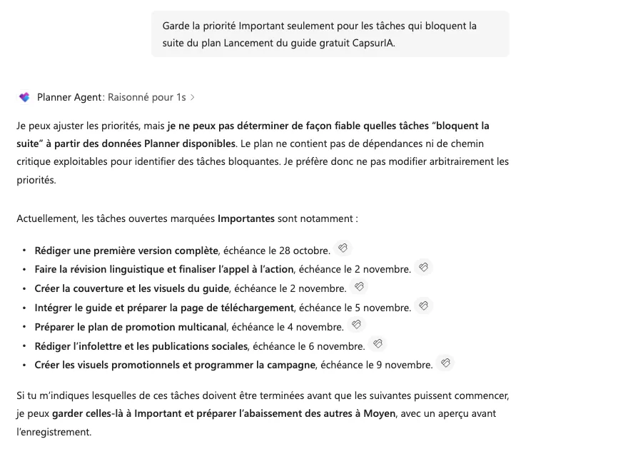 Réponse du Planner Agent qui explique ne pas pouvoir déterminer seul les tâches bloquantes et propose de garder celles que l'utilisateur nomme à Important