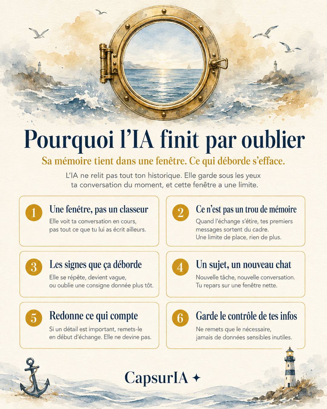 Affiche CapsurIA : pourquoi l'IA finit par oublier, la fenêtre de contexte illustrée par un hublot de navire ouvert sur un horizon marin