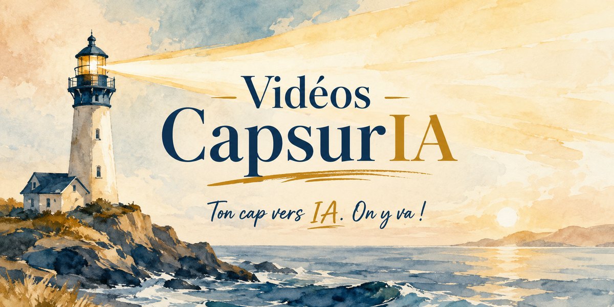 Vidéos CapsurIA, bandeau aquarelle maritime avec un phare qui éclaire la mer