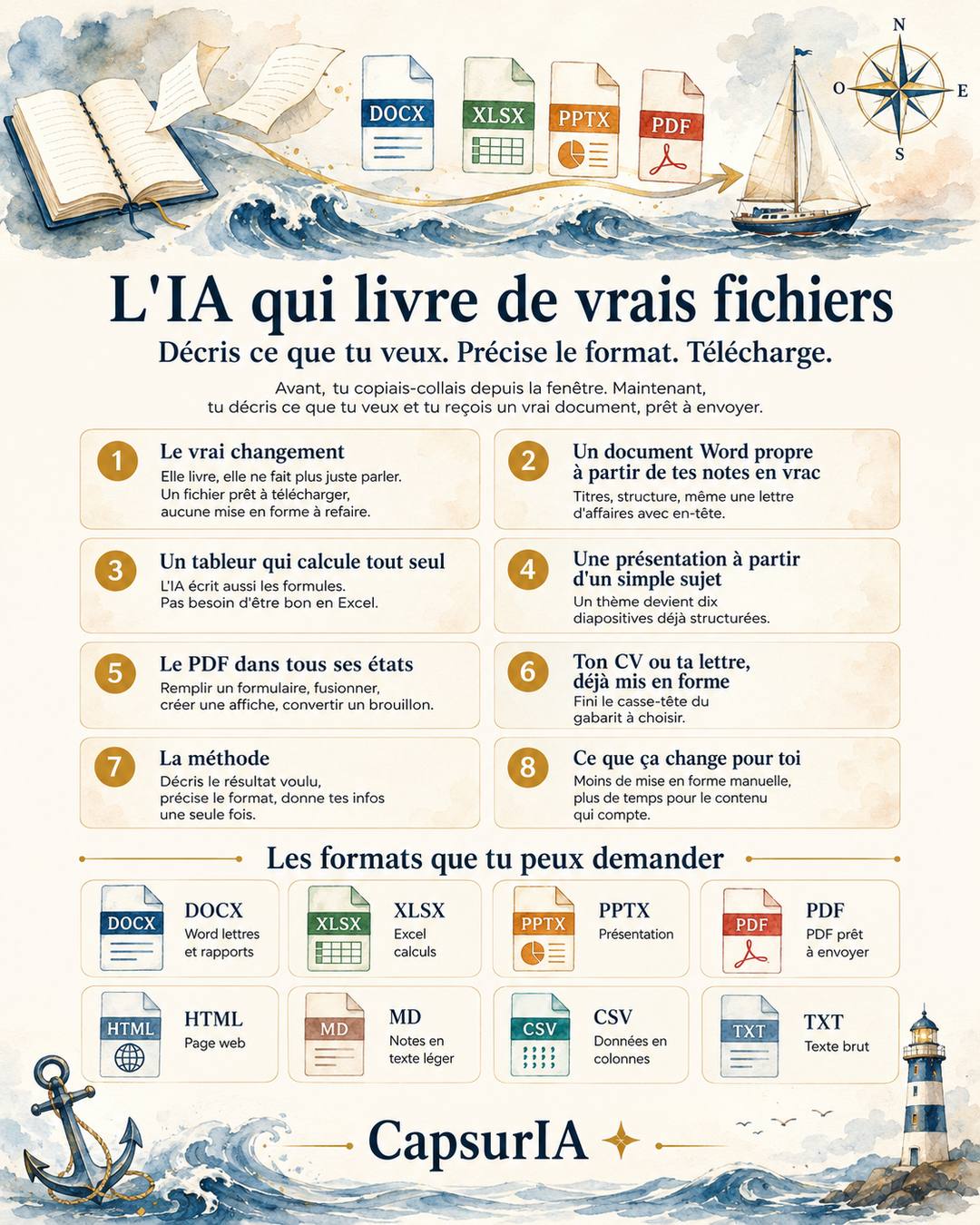 Affiche CapsurIA : L'IA qui livre de vrais fichiers, huit idées et les formats à demander, du Word au PDF