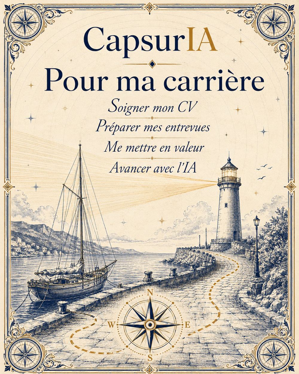 Parcours CapsurIA, IA pour ta carrière. Illustration façon carte marine : un phare qui éclaire un quai au bord de l’eau, un voilier amarré, le cap bien tracé.