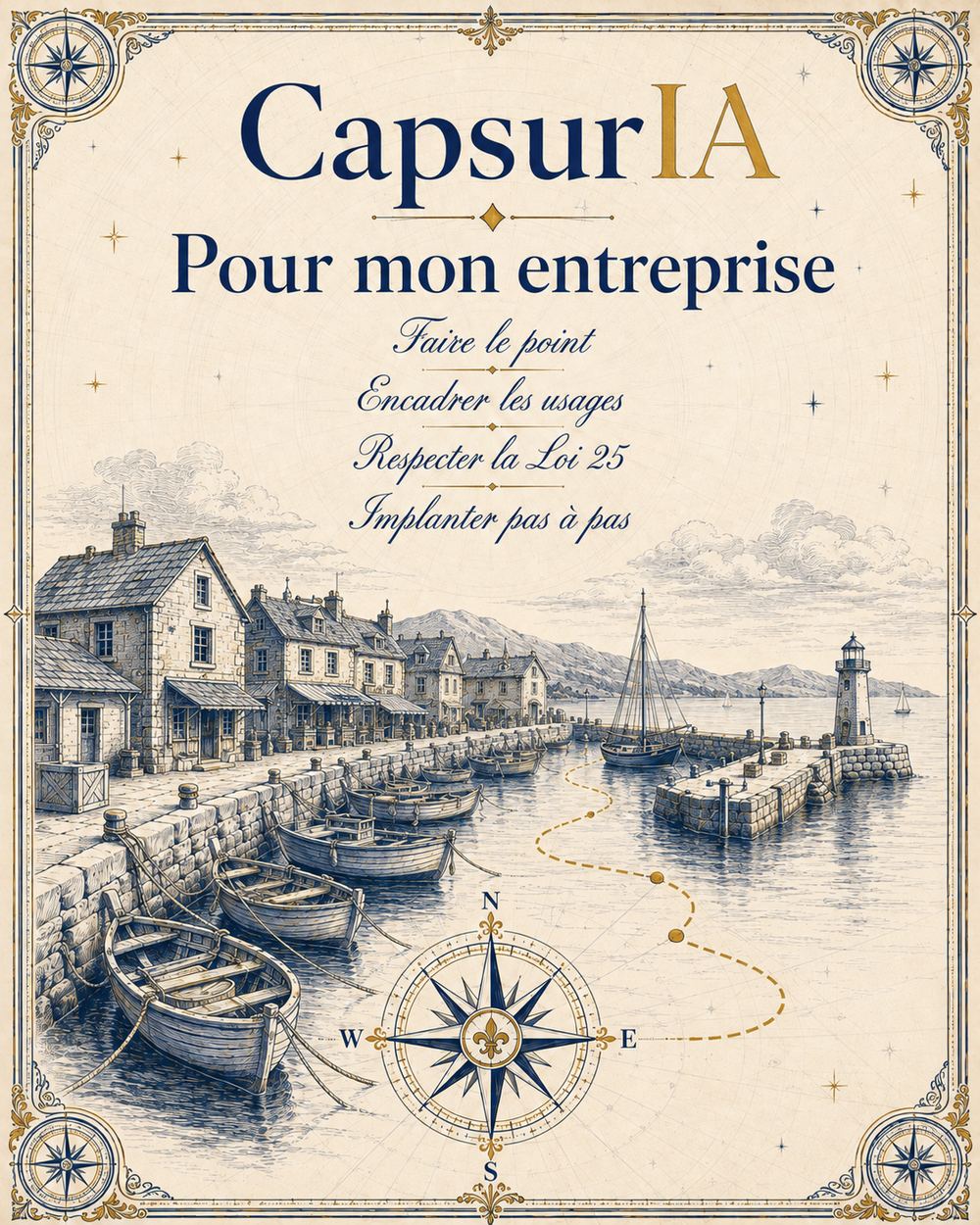 Parcours CapsurIA, l’IA dans ta PME. Illustration façon carte marine : un petit port animé, plusieurs barques amarrées, des quais qui s’organisent au lever du jour.