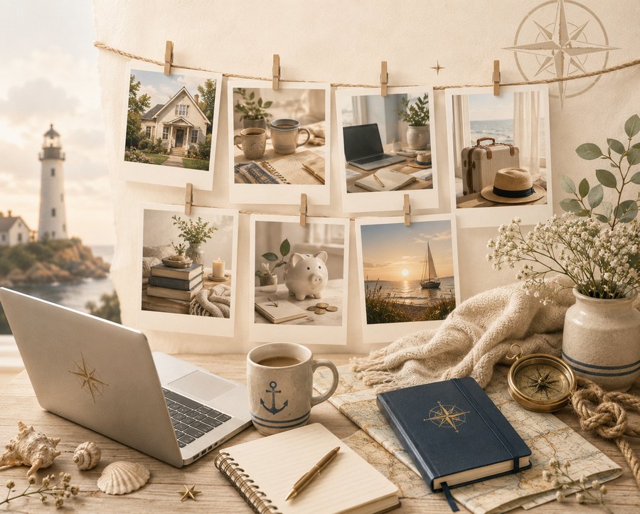Bureau CapsurIA au bord de la mer, avec des photos de maison, jardin, voyage et budget suspendues à une corde