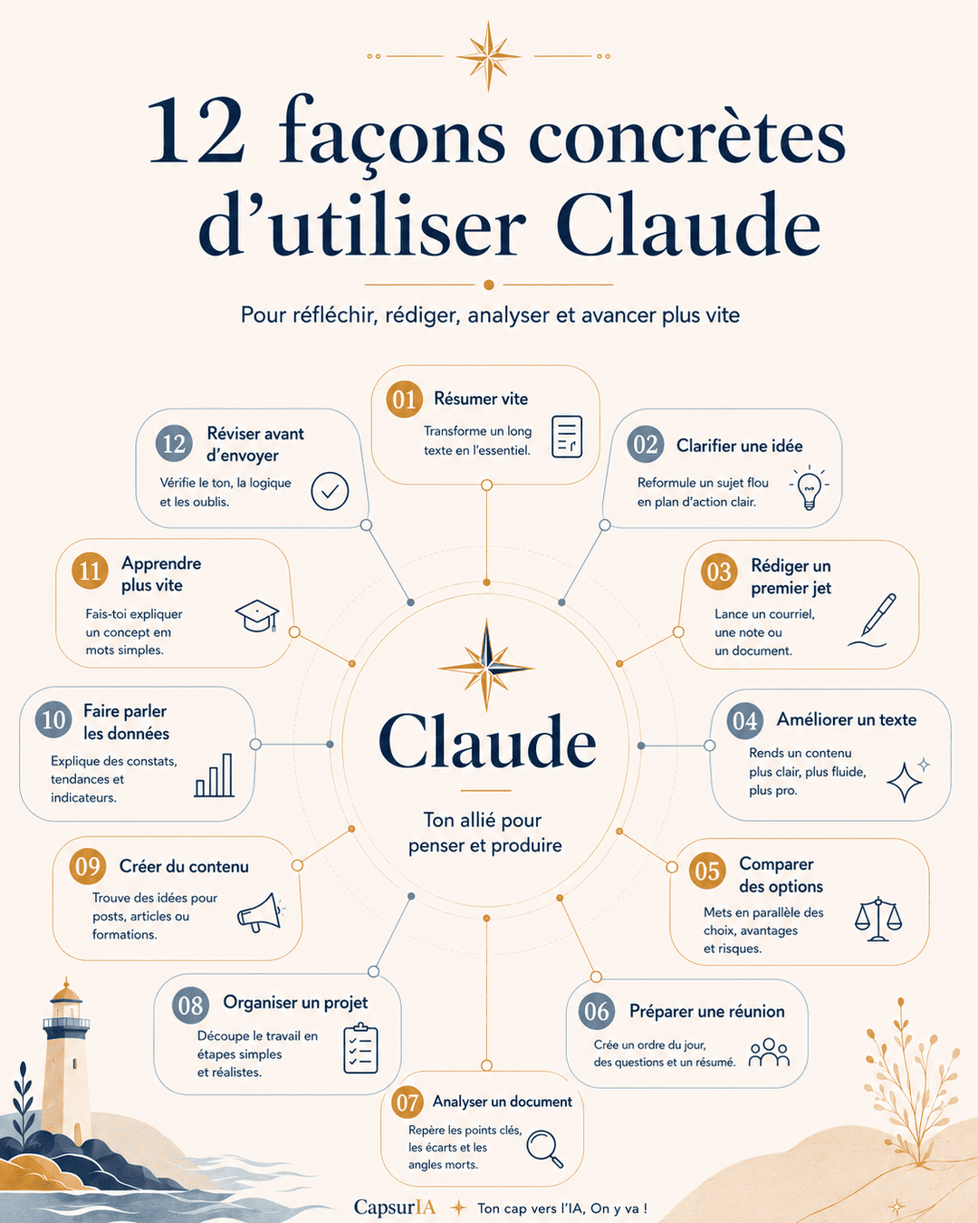 Affiche CapsurIA : 12 façons concrètes d'utiliser Claude
