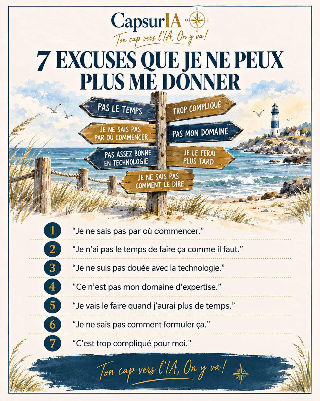 Affiche CapsurIA : 7 excuses que je ne peux plus me donner, un poteau indicateur sur une plage face à un phare, pas le temps, trop compliqué, pas mon domaine