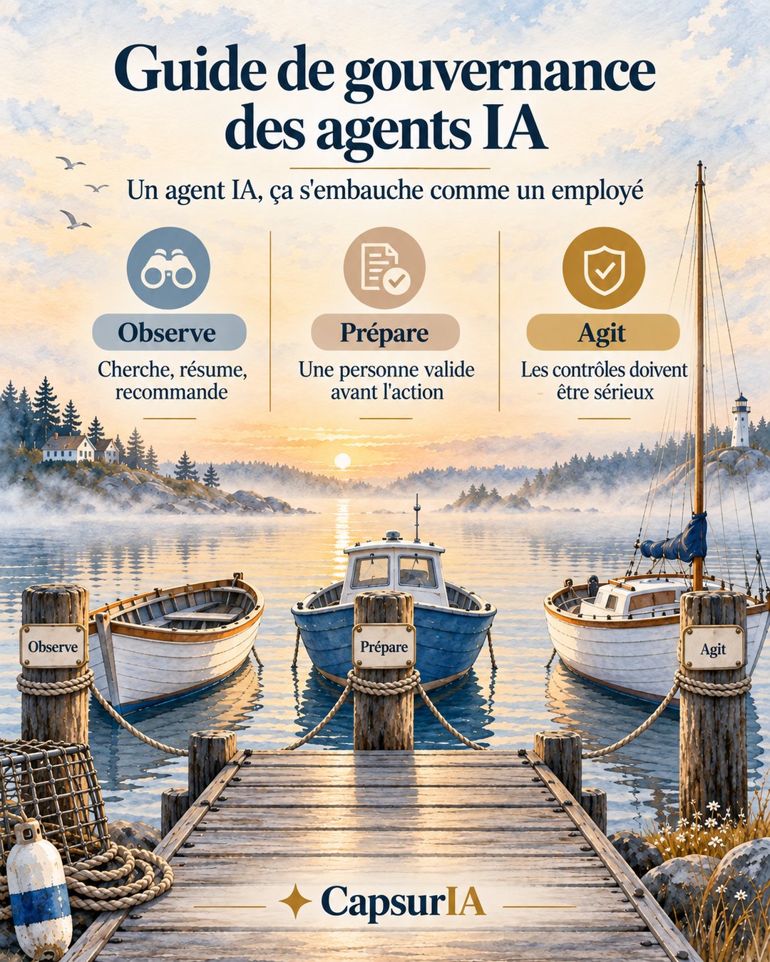 Affiche · les trois niveaux d'autonomie d'un agent IA, il observe, il prépare, il agit, aquarelle maritime CapsurIA
