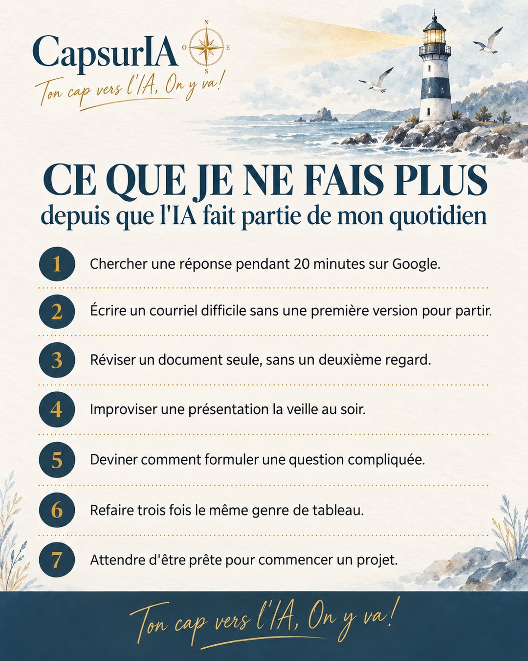 Affiche CapsurIA : ce que je ne fais plus depuis que l'IA fait partie de mon quotidien, sept petites corvées devant un phare en aquarelle