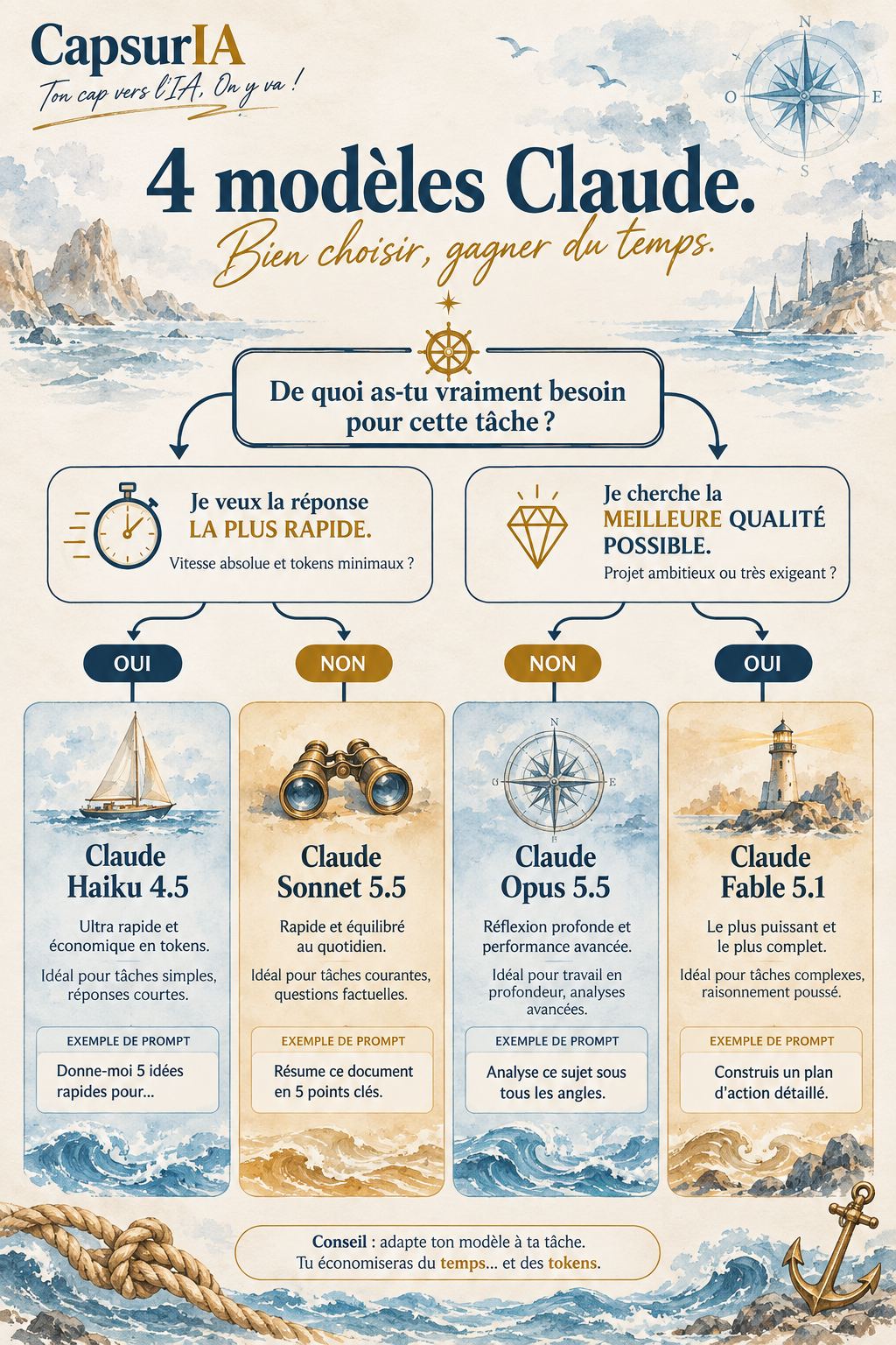Affiche CapsurIA : arbre de décision pour choisir entre les quatre modèles Claude, Haiku 4.5, Sonnet 5.5, Opus 5.5 et Fable 5.1, selon que tu veux de la rapidité ou de la qualité.