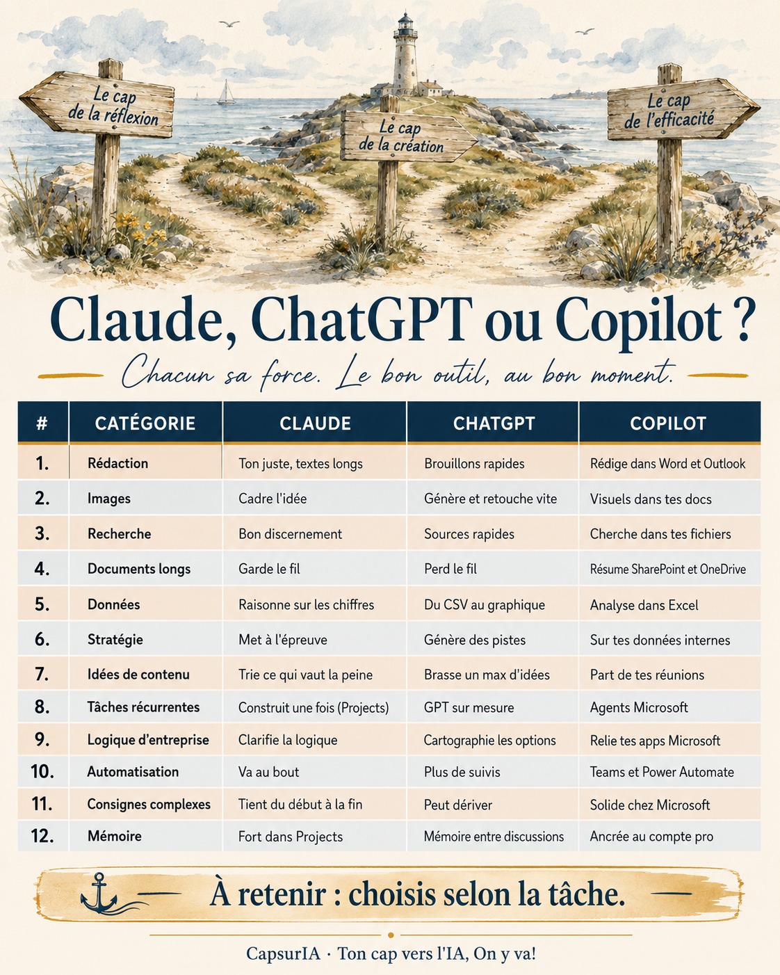Affiche CapsurIA : Claude, ChatGPT ou Copilot, un tableau qui compare le bon outil selon la tâche