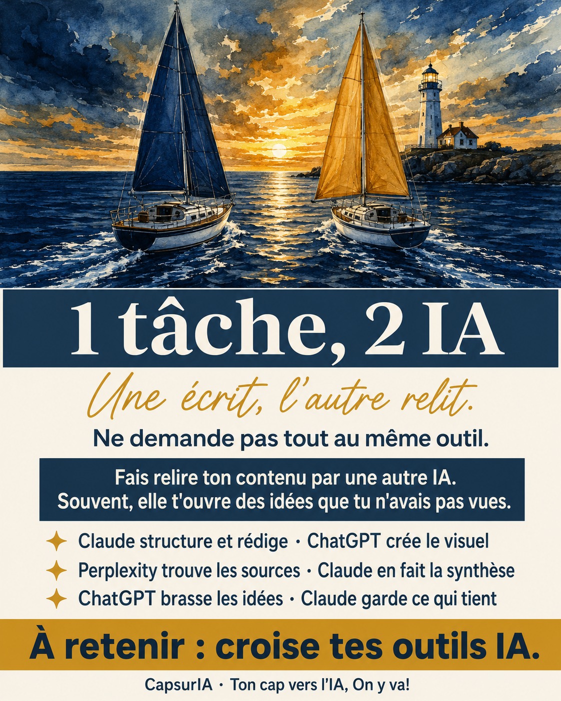 Affiche CapsurIA : deux outils valent mieux qu'un, croise tes outils IA, aquarelle maritime