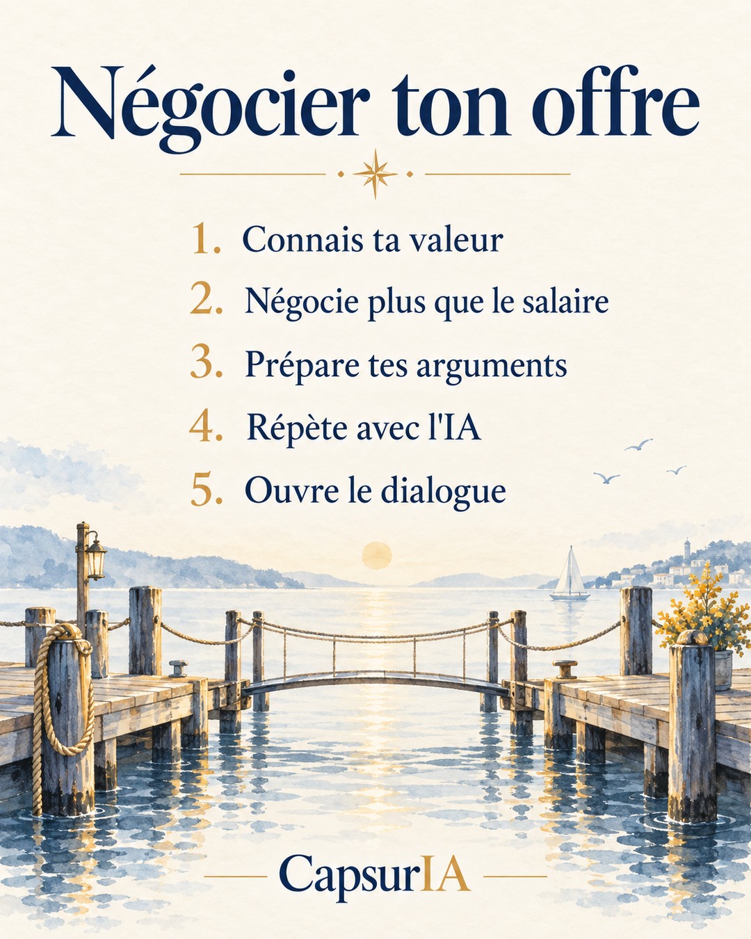 Affiche CapsurIA · Négocier ton offre : connaître ta valeur, négocier plus que le salaire, préparer tes arguments, répéter avec l'IA, ouvrir le dialogue