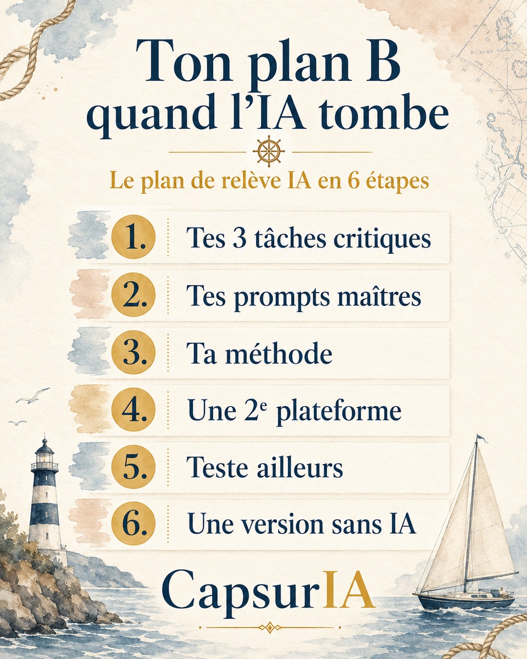 Affiche · Ton plan B quand l'IA tombe, le plan de relève IA en six étapes, aquarelle maritime CapsurIA