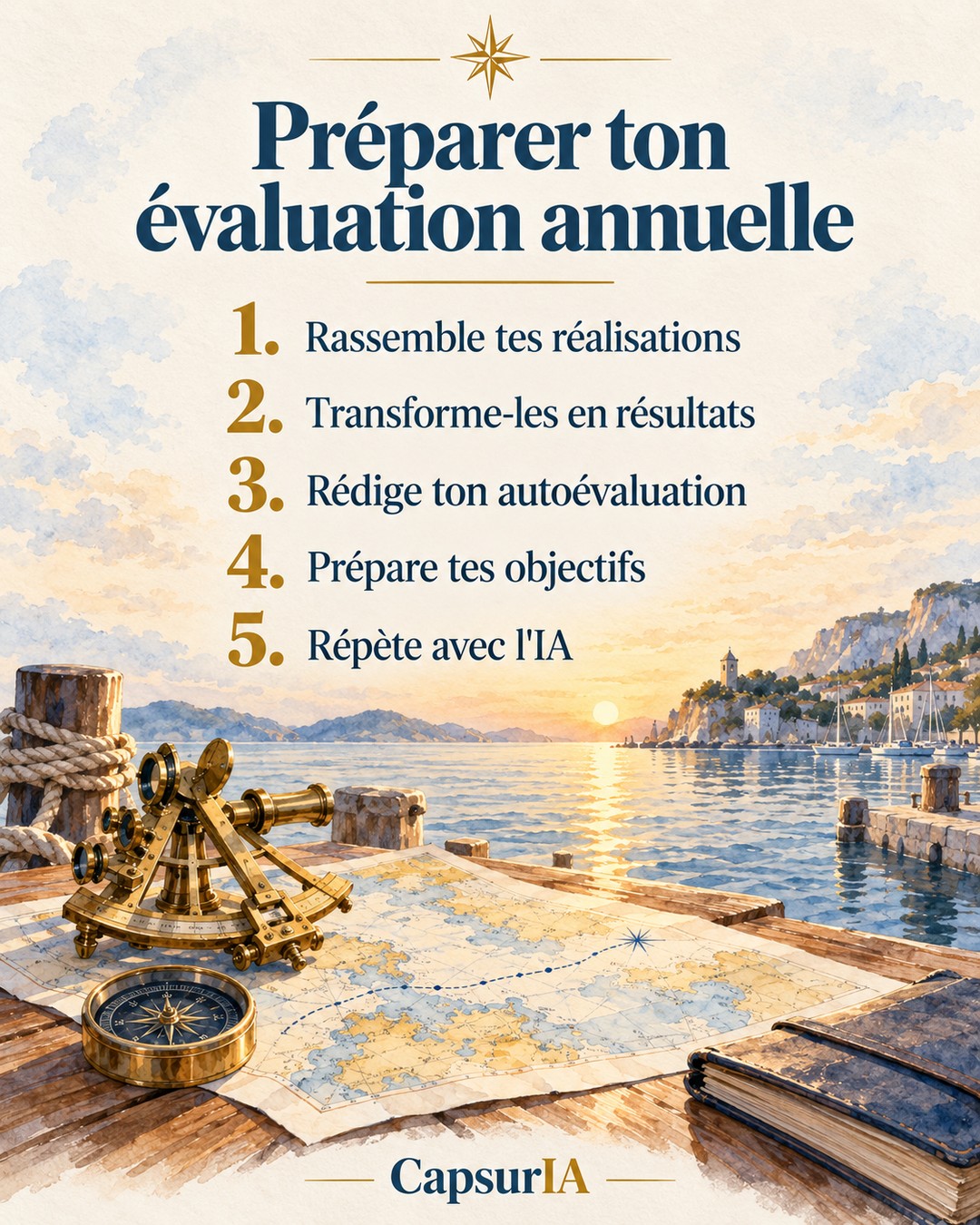 Affiche CapsurIA · Préparer ton évaluation annuelle : rassemble tes réalisations, transforme-les en résultats, rédige ton autoévaluation, prépare tes objectifs, répète avec l'IA