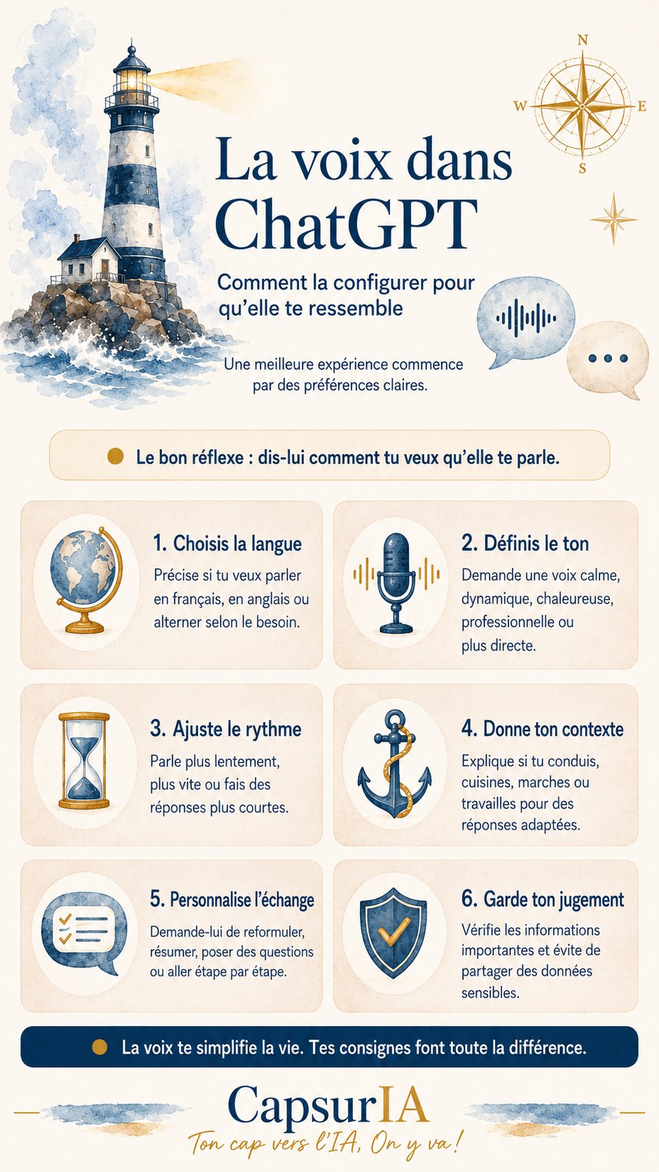 Affiche CapsurIA : le mode vocal de ChatGPT, six réglages pour qu'il te réponde à ta façon, langue, ton, rythme, contexte, échange et jugement