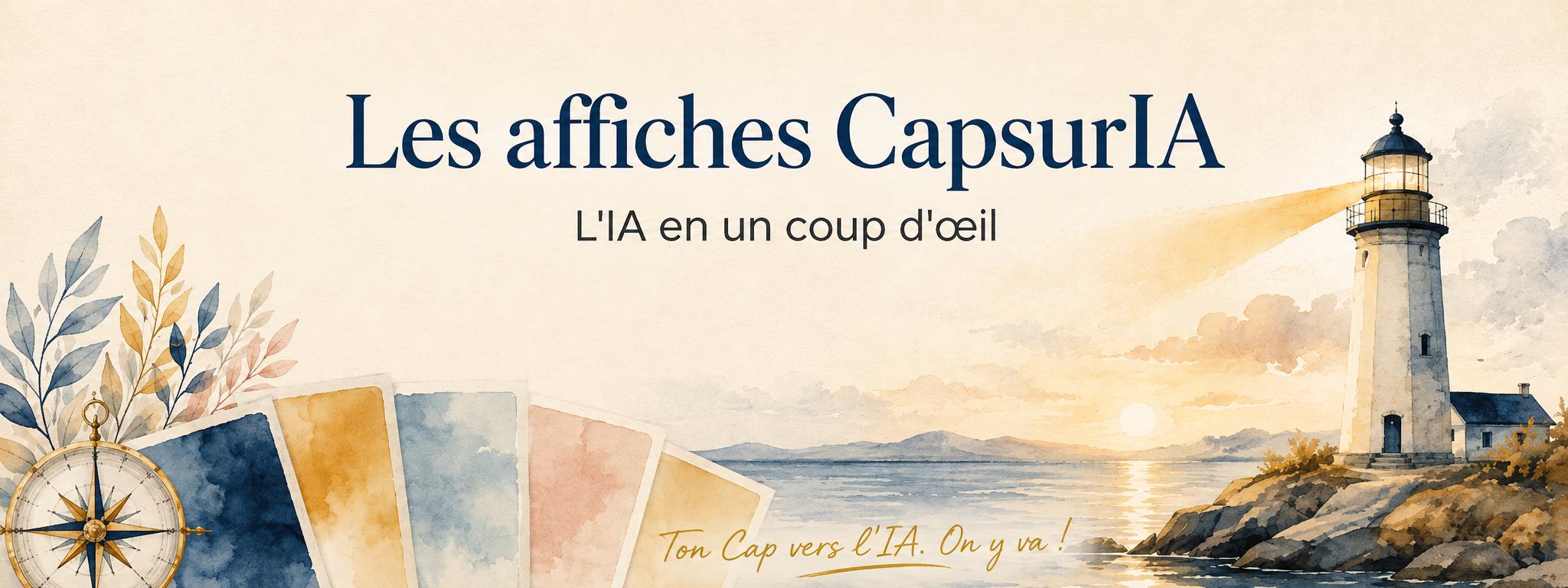 Bannière Les affiches CapsurIA, l'IA en un coup d'oeil, un phare au coucher de soleil, une boussole et un éventail d'affiches aquarelle