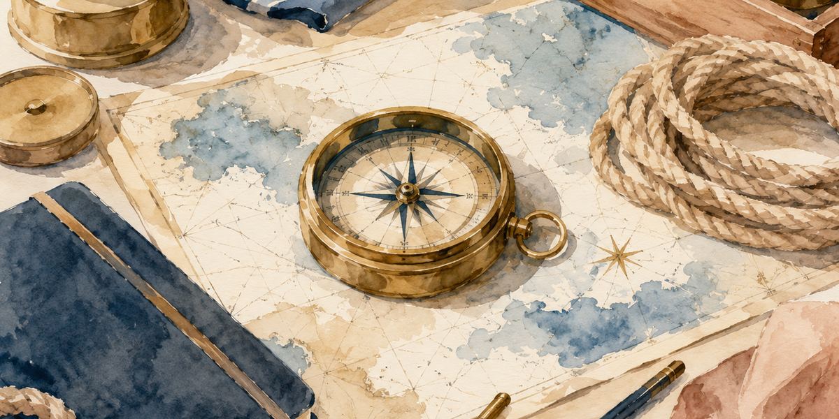 CapsurIA · une boussole sur une carte marine et un carnet de bord, aquarelle maritime