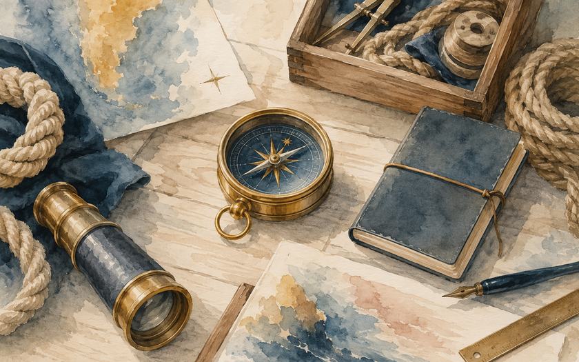 CapsurIA · un établi de navigateur avec longue-vue et boussole, aquarelle maritime