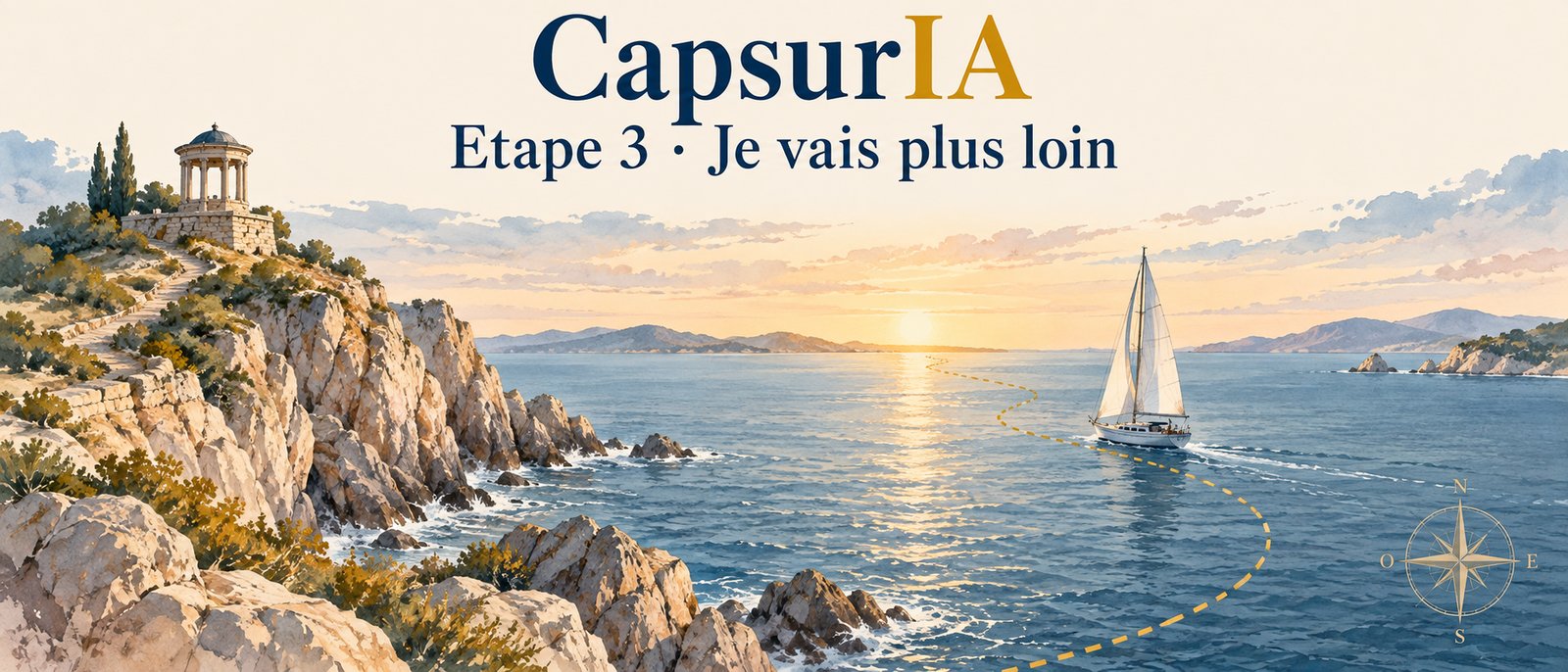 CapsurIA, je vais plus loin avec l’IA. Illustration à la manière d’une carte marine à l’aquarelle : un promontoire au lever du soleil et un voilier qui vogue vers le large.