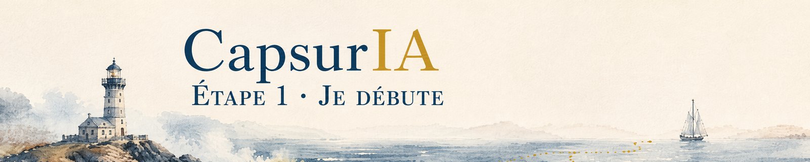 CapsurIA, je découvre l’IA. Illustration à la manière d’une carte marine à l’aquarelle : un phare dans la brume du matin et un voilier qui approche du rivage.