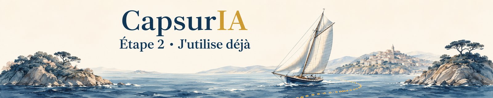 CapsurIA, je pratique l’IA. Illustration à la manière d’une carte marine à l’aquarelle : un voilier qui navigue entre des îles, voiles gonflées, une rose des vents sur l’eau.