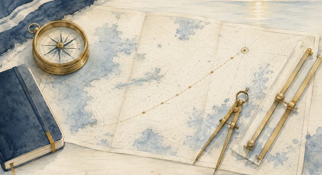 CapsurIA · Copilot dans Microsoft 365 : plusieurs instruments de navigation réunis sous un même cap, aquarelle maritime
