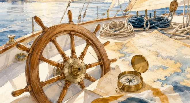 CapsurIA · une barre de bateau, une carte marine et un compas, aquarelle maritime