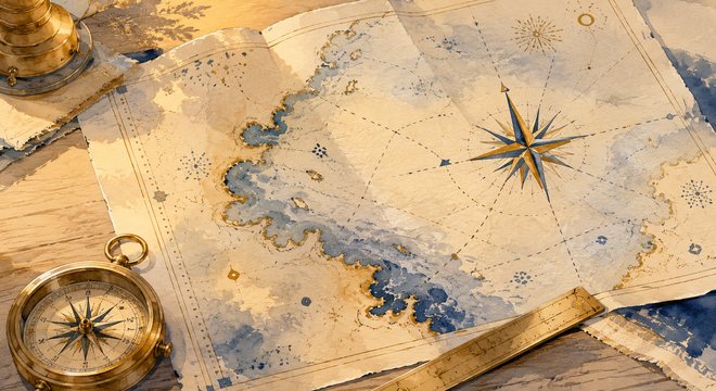 Carte marine aquarelle et boussole, couleurs CapsurIA