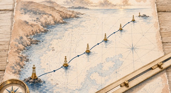 CapsurIA · une carte marine avec une route jalonnée d'escales, une boussole et une règle, aquarelle maritime