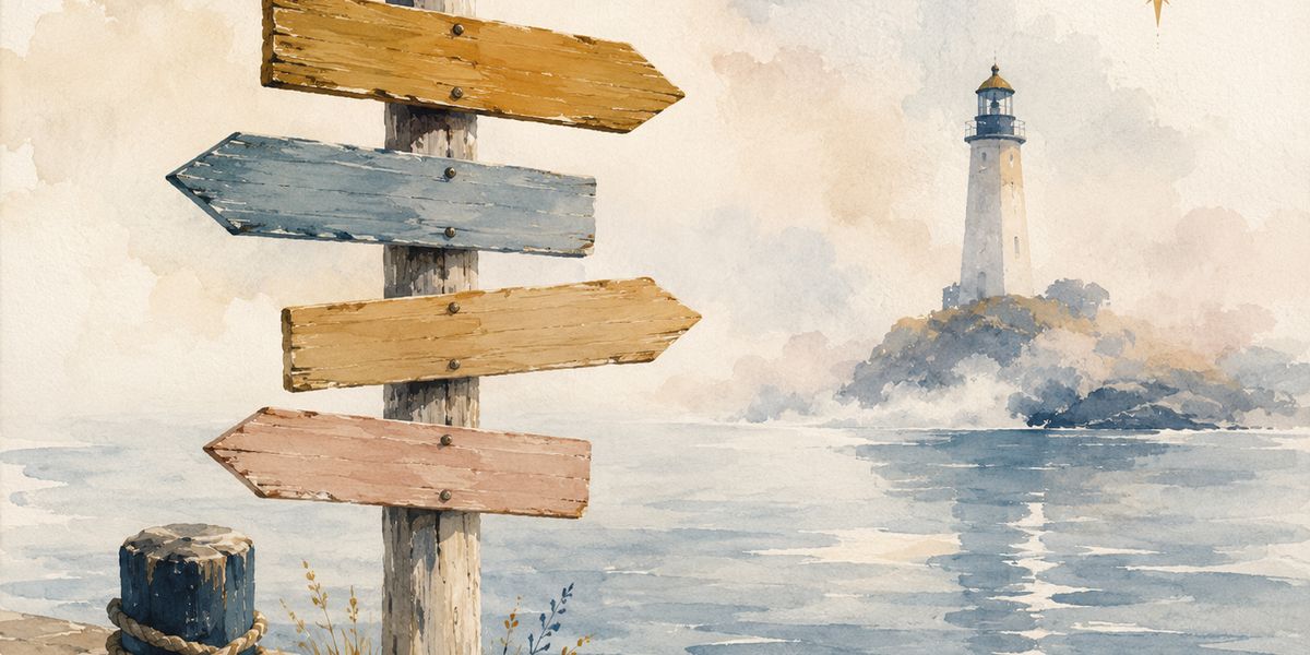 CapsurIA · un poteau indicateur à quatre flèches face à un phare, aquarelle maritime