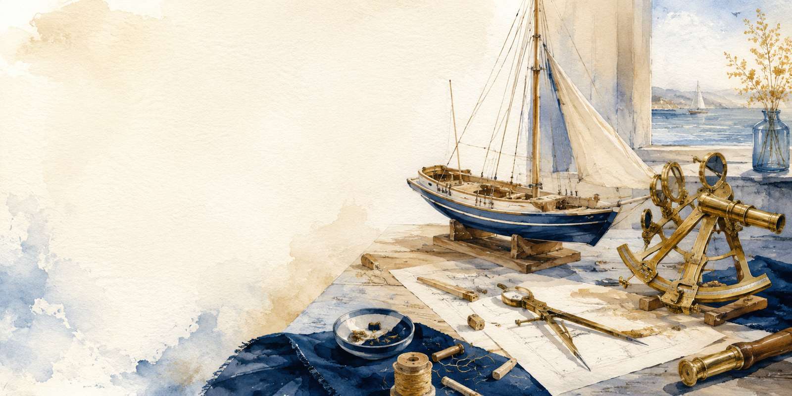 CapsurIA · un établi d'artisan et une maquette de voilier, aquarelle maritime