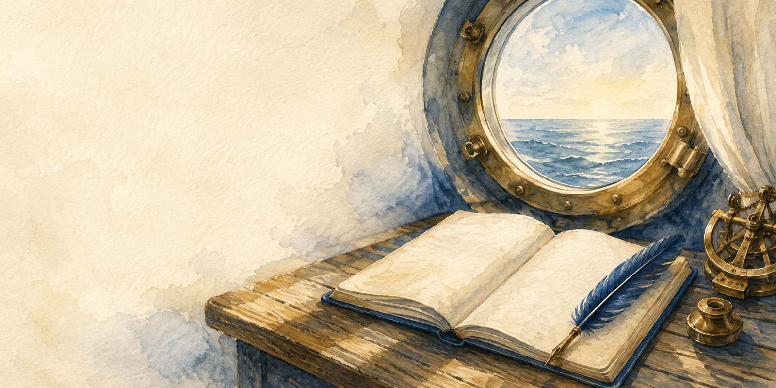 CapsurIA · un journal de bord et une plume près d'un hublot, aquarelle maritime