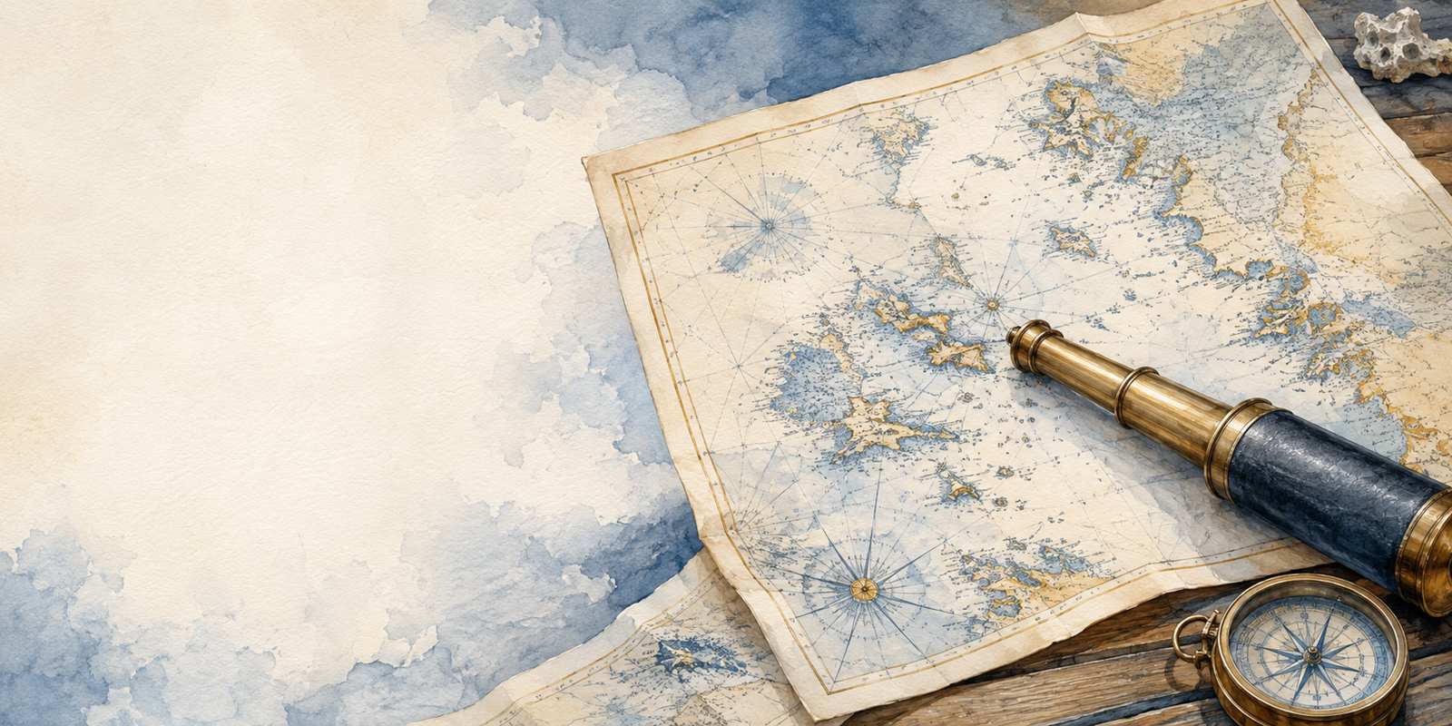 CapsurIA · une carte marine et une longue-vue en laiton, aquarelle maritime