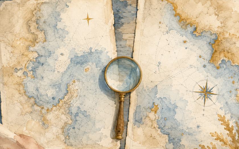 CapsurIA · deux cartes marines et une loupe en laiton, aquarelle maritime