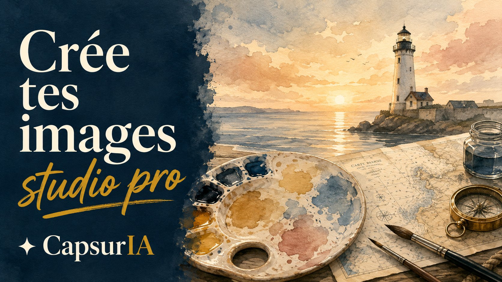 Illustration de couverture à l'aquarelle : palette de peintre, carte marine, boussole et phare au coucher du soleil, avec le titre « Crée tes images, studio pro » et la signature CapsurIA