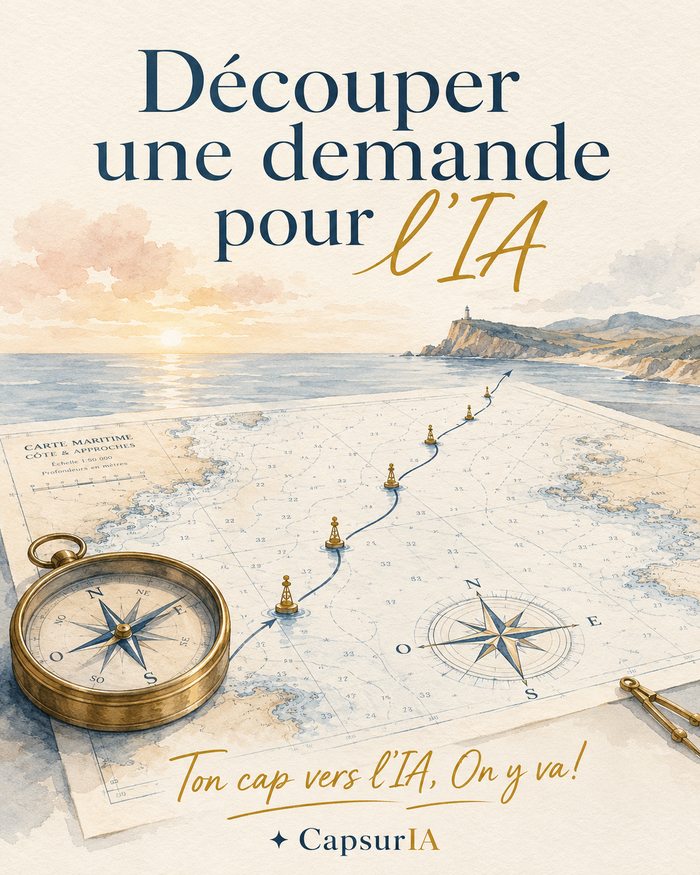 Couverture aquarelle du guide : boussole en laiton, carte marine et petit parcours de bouées menant vers un phare, sous le titre Découper une demande pour l'IA