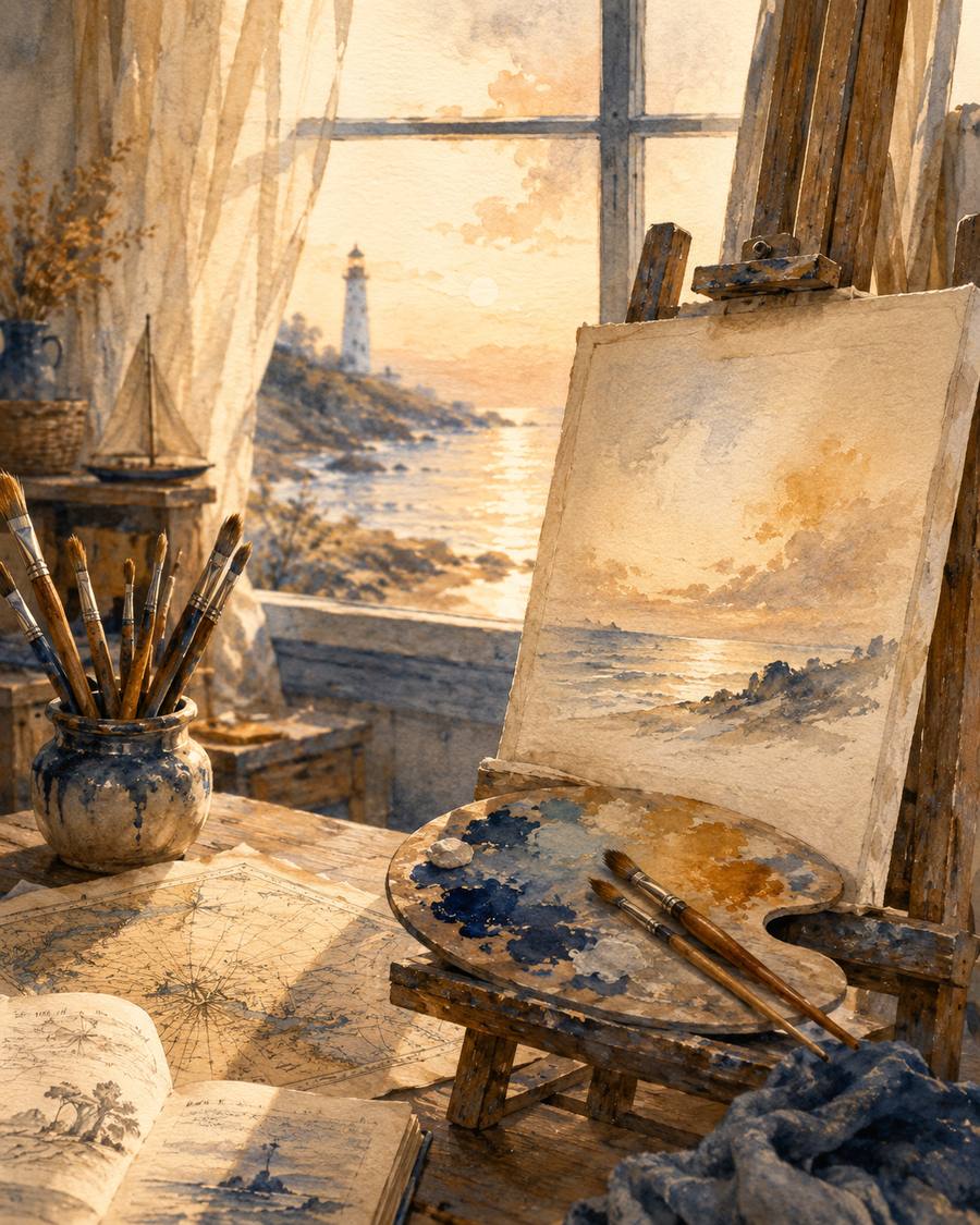 Un atelier au bord de la mer : chevalet, palette de peintre et carte marine devant une fenêtre ouverte sur un phare, à l'aquarelle