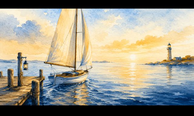 CapsurIA · Débuter avec ChatGPT : un voilier qui largue les amarres vers un phare au couchant, aquarelle maritime