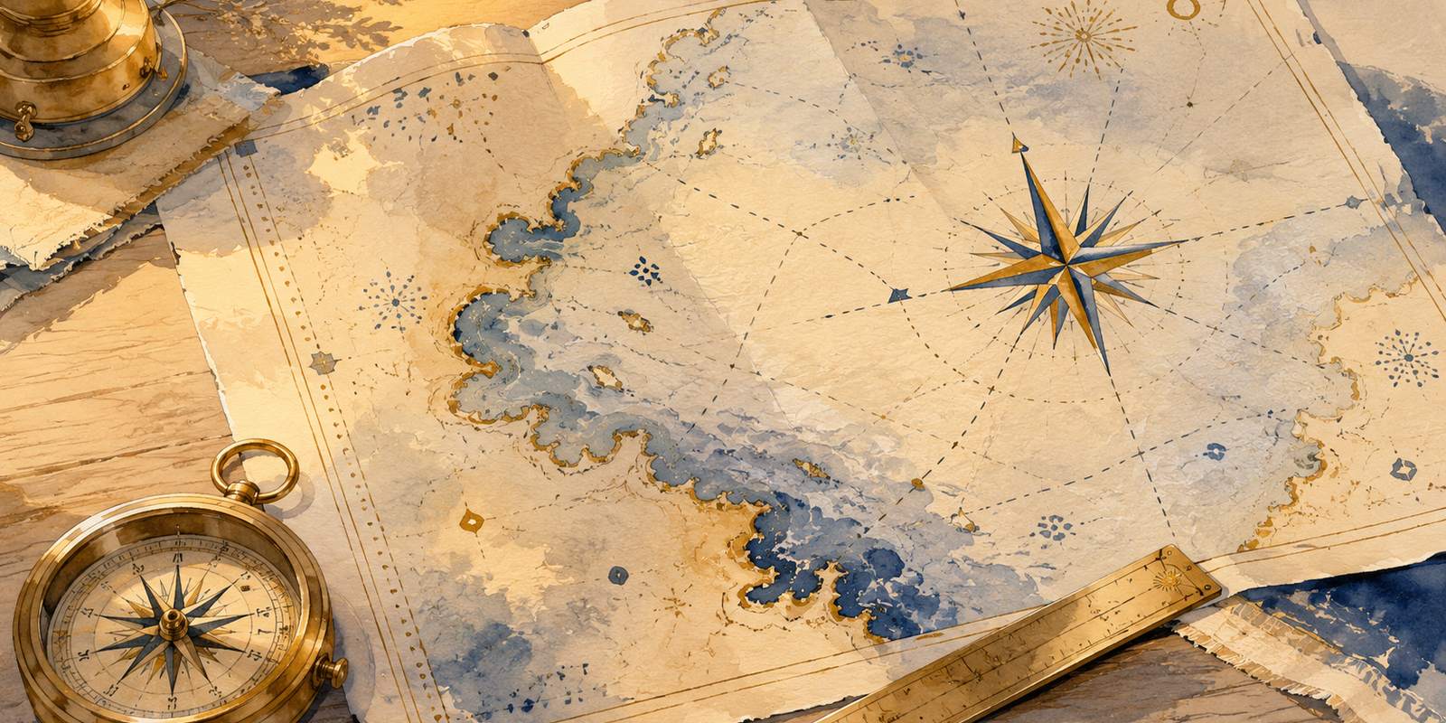 Carte marine aquarelle avec boussole en laiton et rose des vents, dans les couleurs de CapsurIA