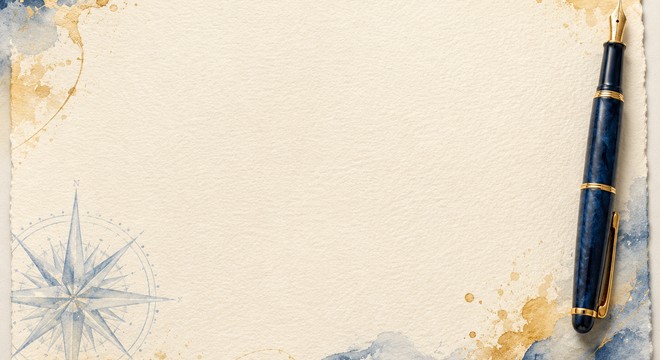 CapsurIA · une plume sur du papier aquarelle, rose des vents en filigrane, style maritime