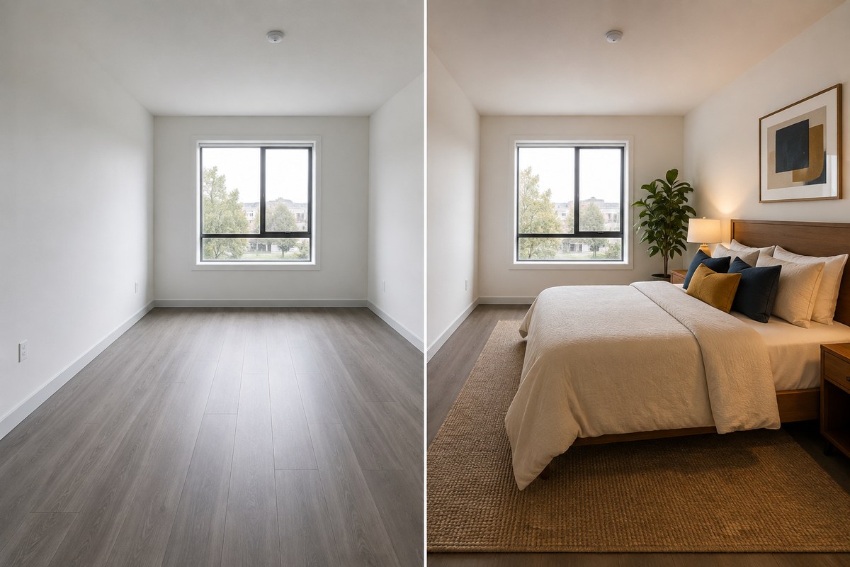 Exemple avant et après généré par l'IA : une chambre nue à gauche, la même chambre aménagée et chaleureuse à droite