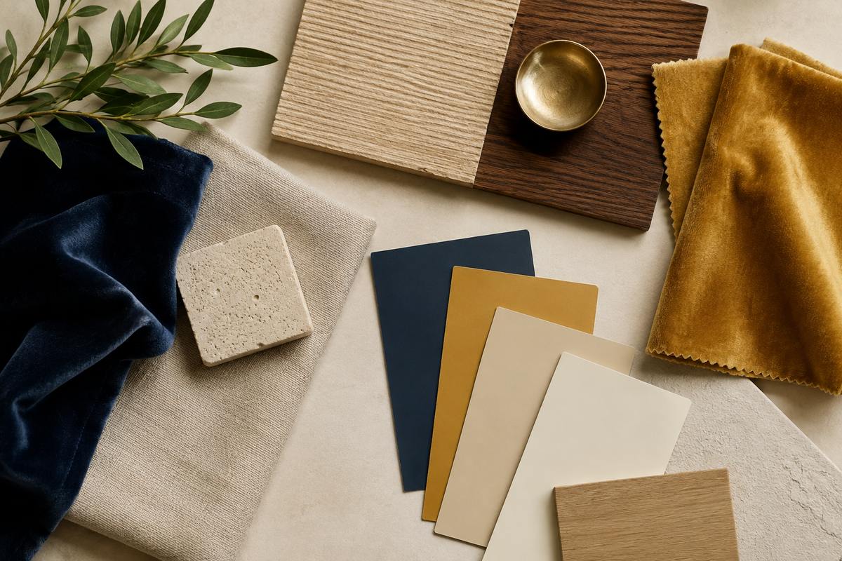 Exemple de planche d'ambiance générée par l'IA : textures de lin, bois, laiton et échantillons de peinture assemblés