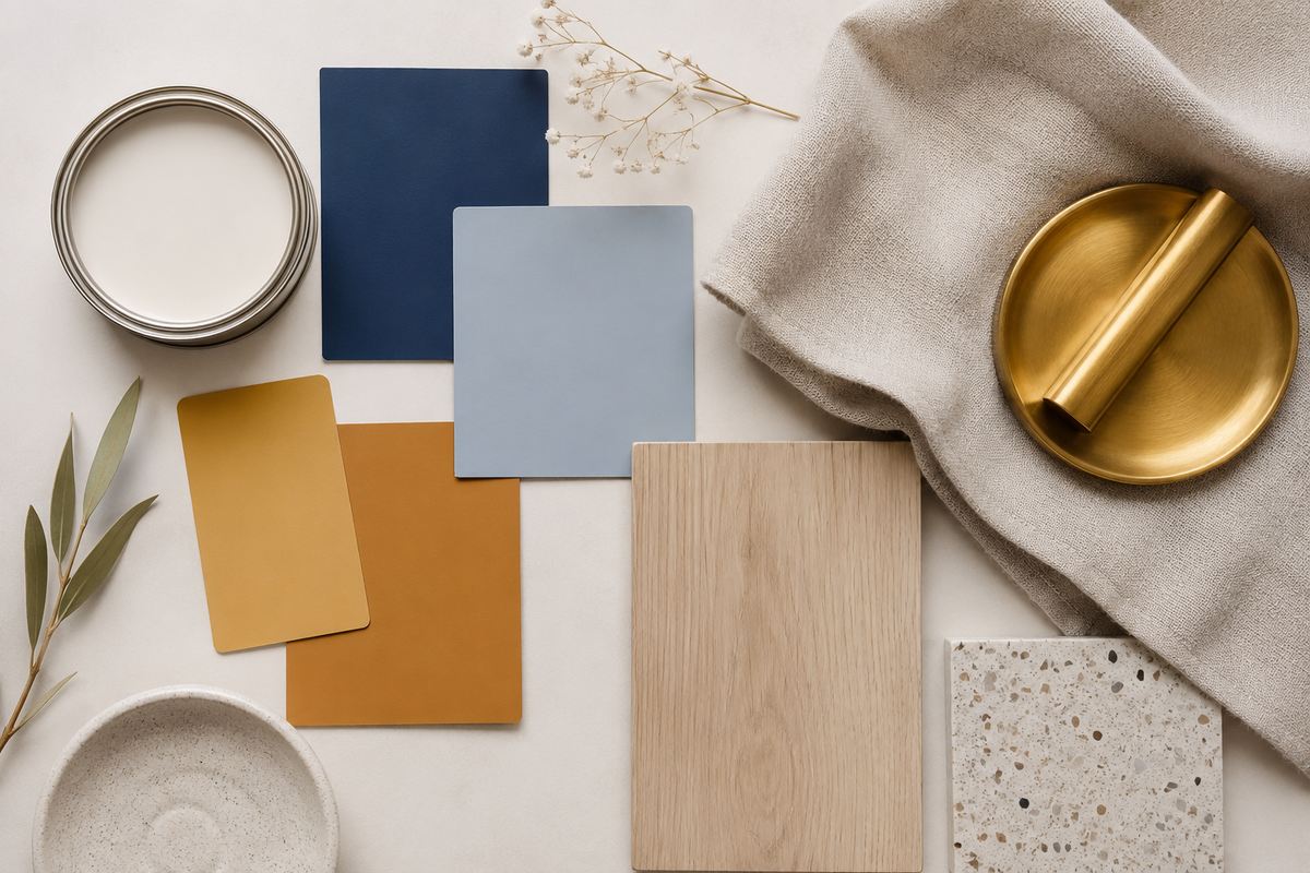 Exemple de palette de couleurs déco générée par l'IA : échantillons crème, bleu marine, ocre et bois clair posés à plat