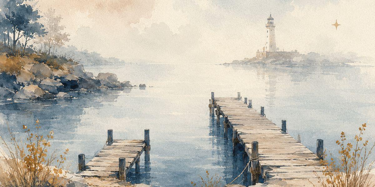 CapsurIA · un quai de bois vers un phare dans la brume, aquarelle maritime