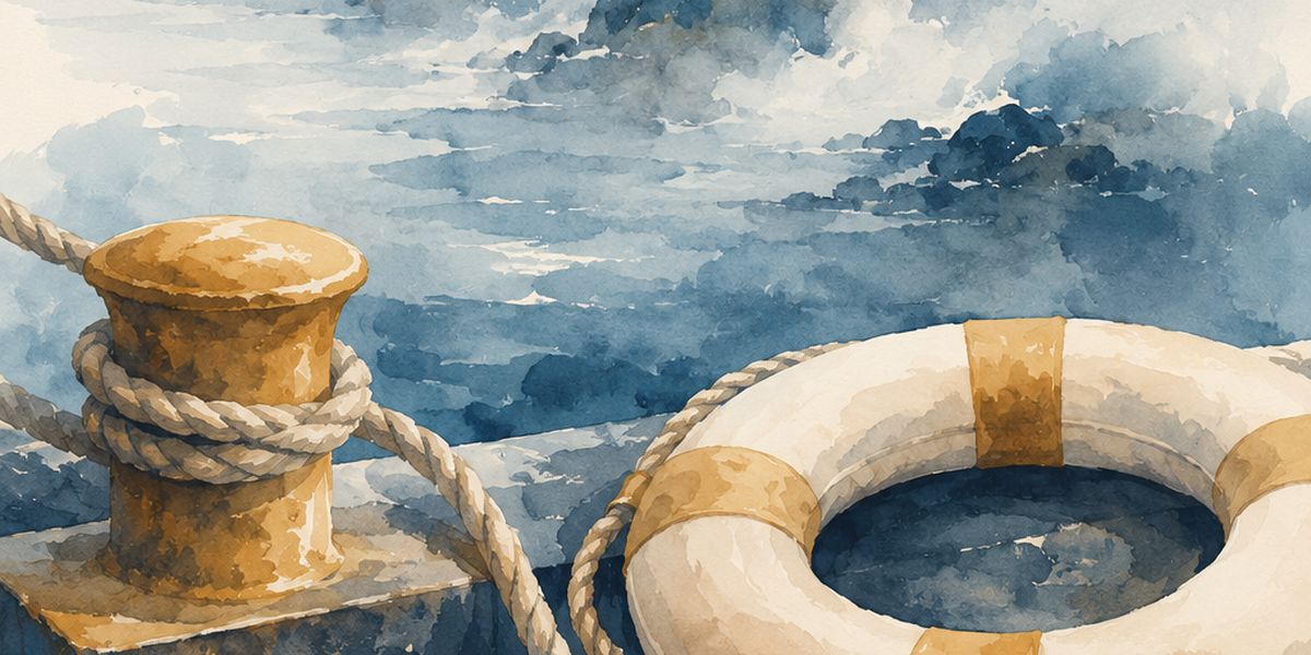 CapsurIA · un cordage, un bollard et une bouée de sauvetage, aquarelle maritime