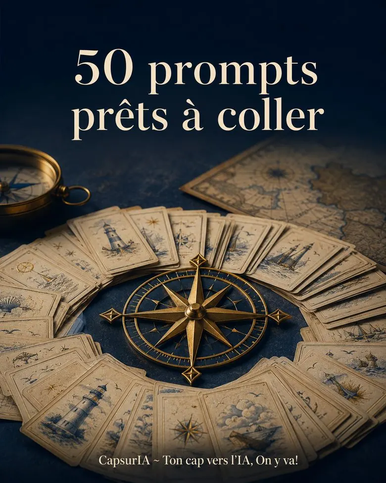 Affiche CapsurIA, 50 prompts prêts à coller, une rose des vents dorée entourée de cartes marines illustrées