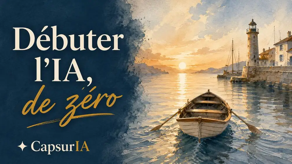 Débuter l'IA, de zéro. Illustration aquarelle maritime CapsurIA, une barque à rames qui vogue vers un phare et un port au coucher de soleil.