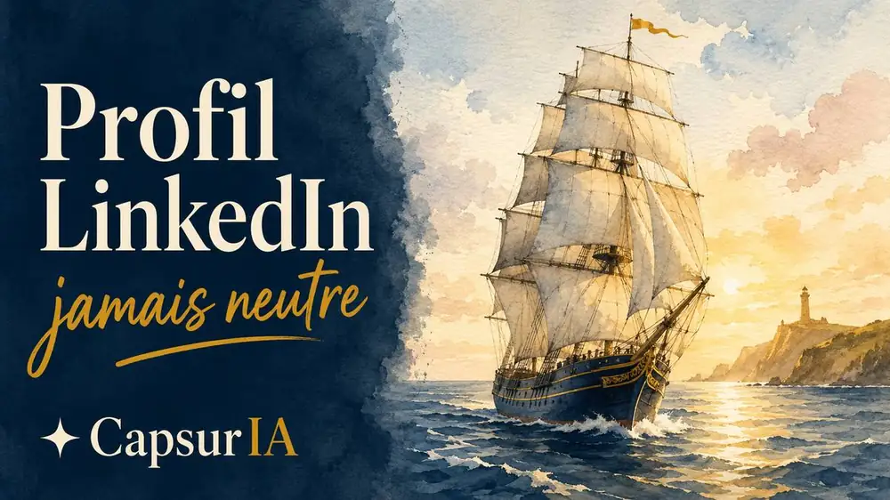 Profil LinkedIn jamais neutre. Illustration aquarelle maritime CapsurIA, un grand voilier toutes voiles dehors qui vogue vers un phare au coucher de soleil.