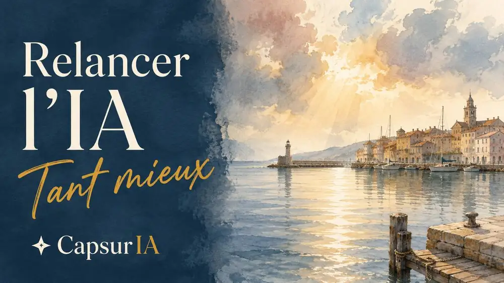 Relancer l'IA, Tant mieux. Illustration aquarelle maritime CapsurIA, un port méditerranéen ensoleillé avec un phare, des voiliers et un quai de pierre.