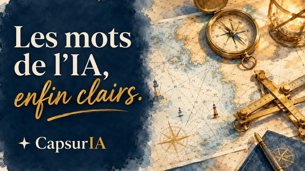 Les mots de l'IA, enfin clairs. Illustration aquarelle maritime CapsurIA, une carte marine ancienne avec boussole en laiton, compas et lanterne.